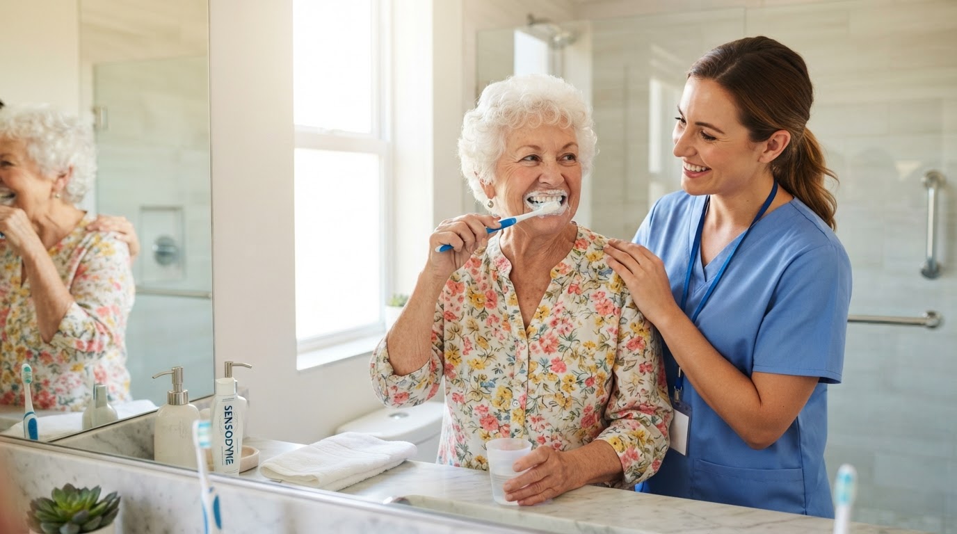 Senior woman smiling while brushing her teeth with a caregiver standing supportively nearby in a bright bathroom