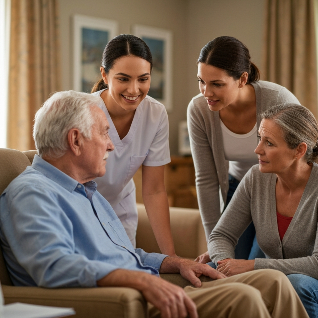 A compassionate home healthcare professional discussing care options with a senior and their adult daughter