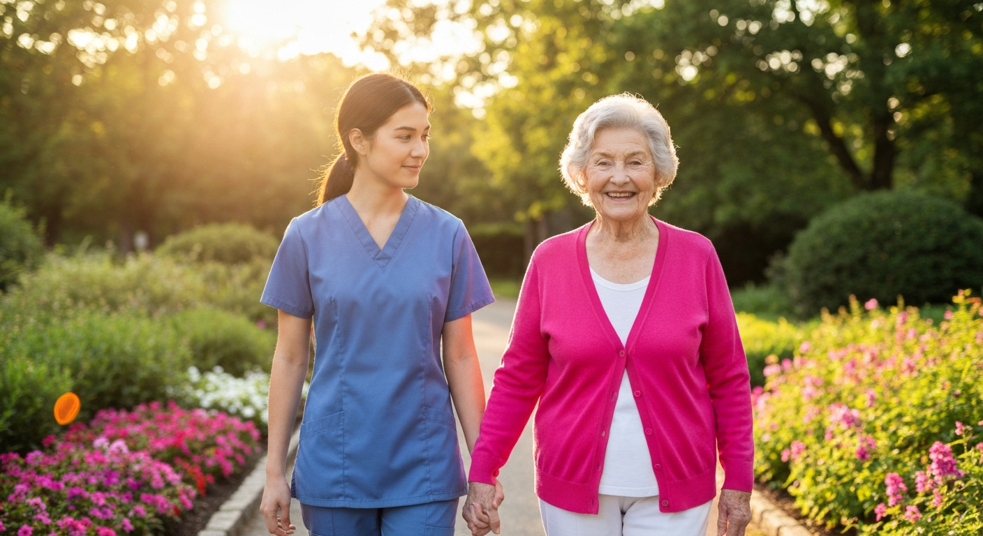 Senior woman and caregiver walking in a park