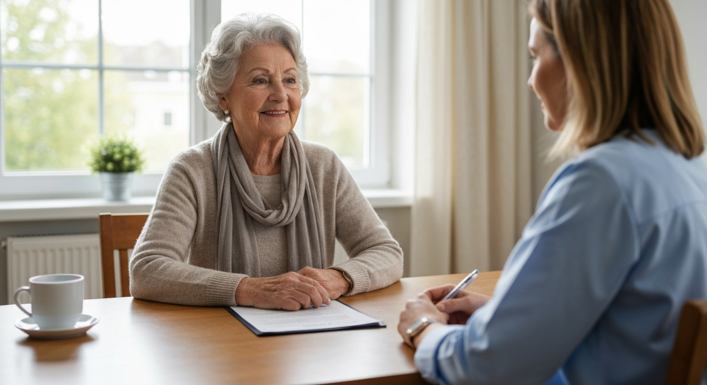 Senior woman reviewing advance care planning documents with a caregiver
