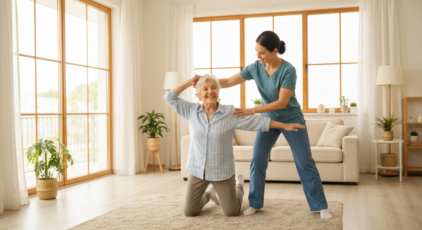Elderly person doing physical therapy exercises at home