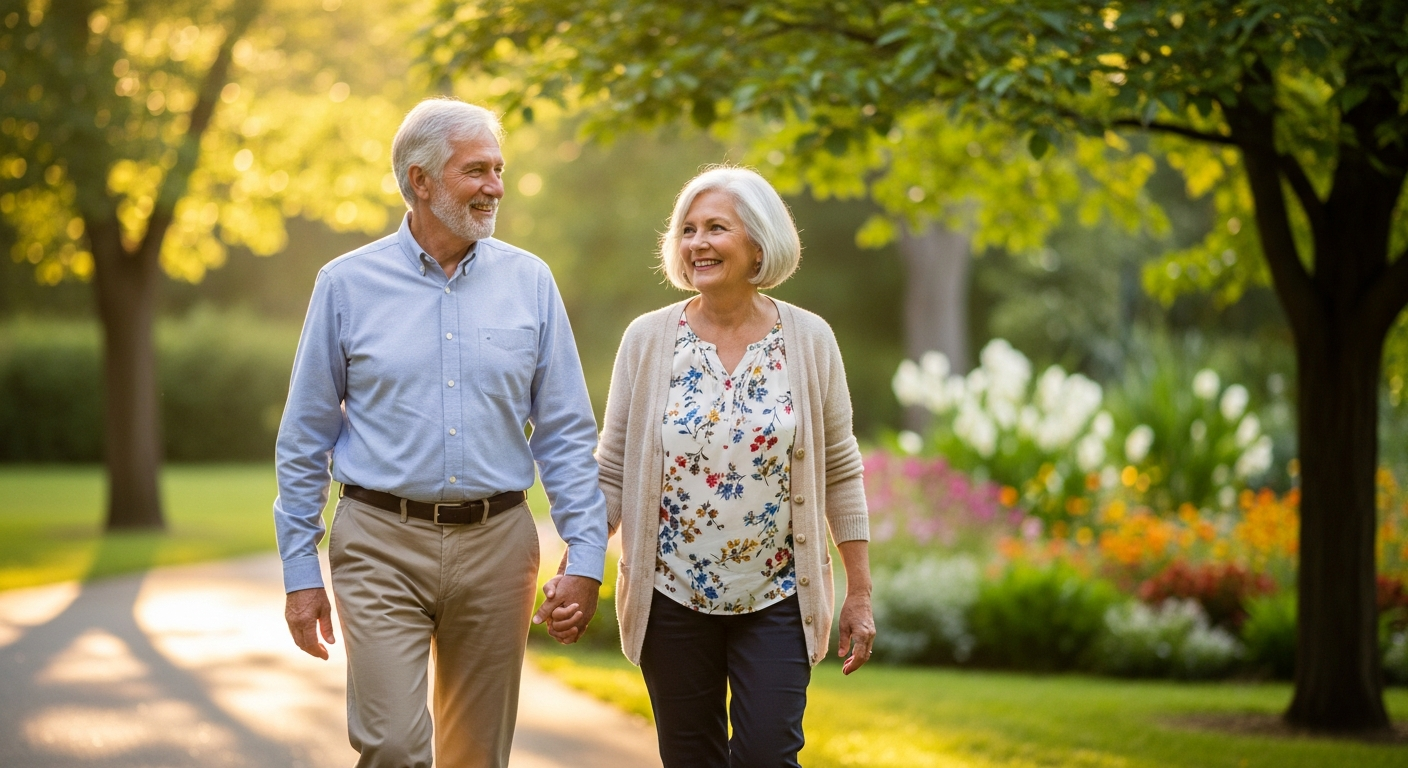 Happy retired couple walking