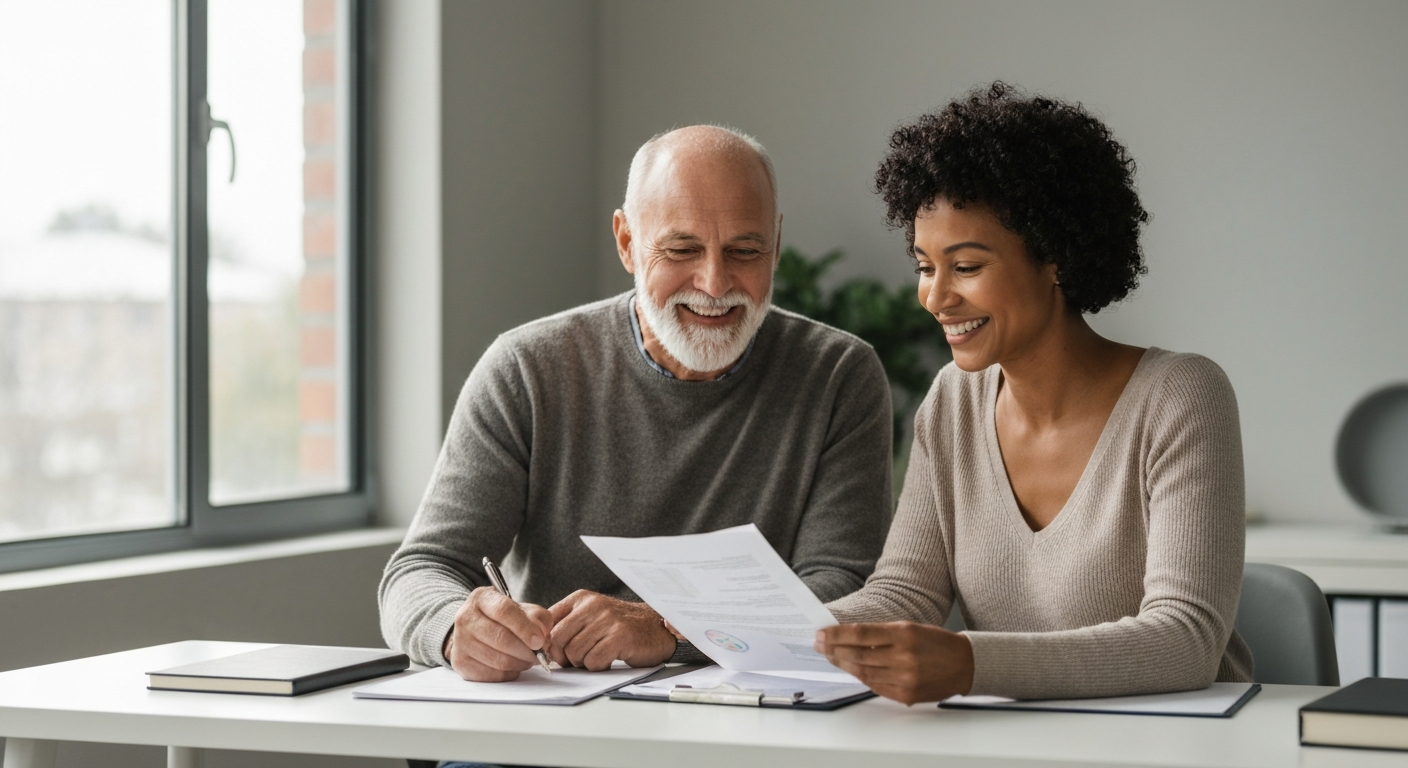 Happy couple reviewing documents