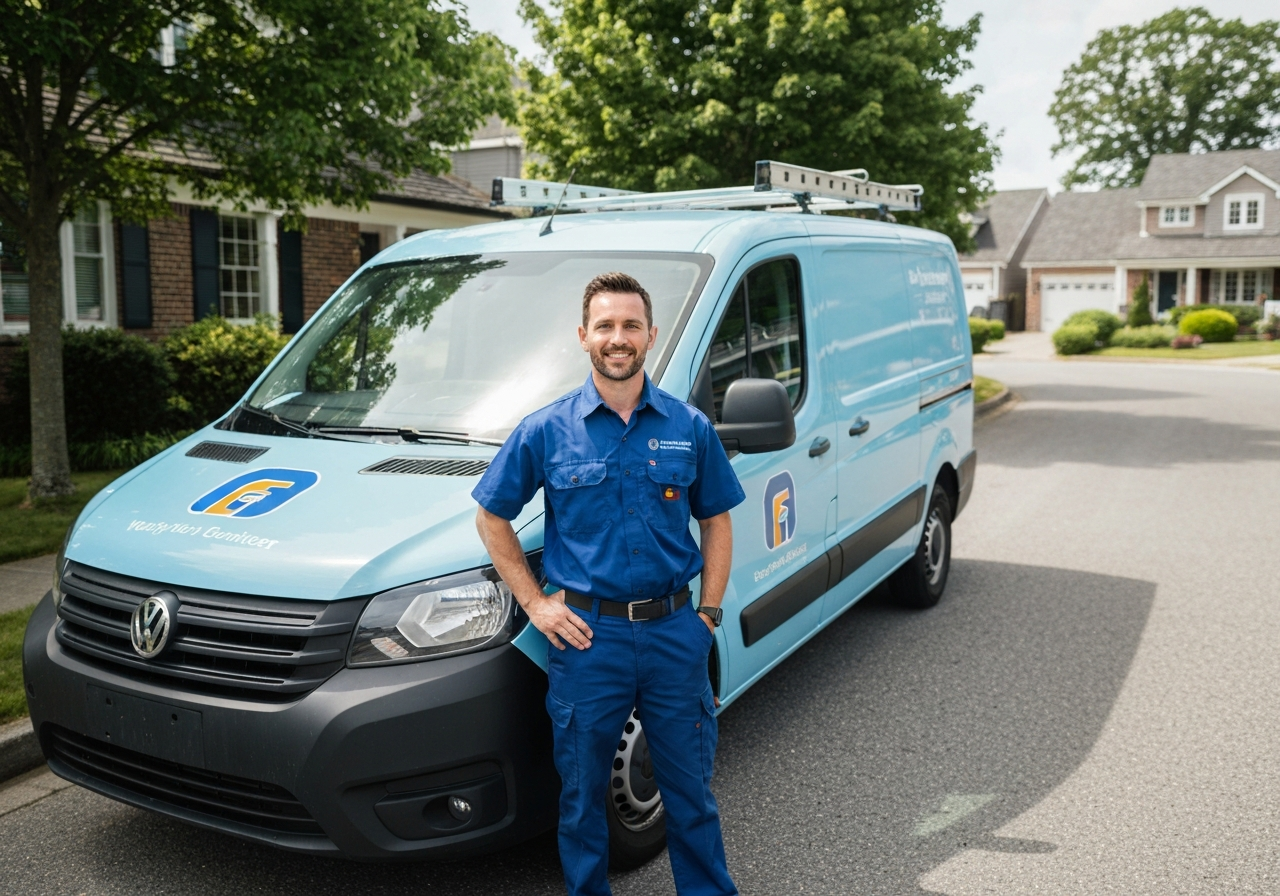 Professional local service business owner standing next to service van