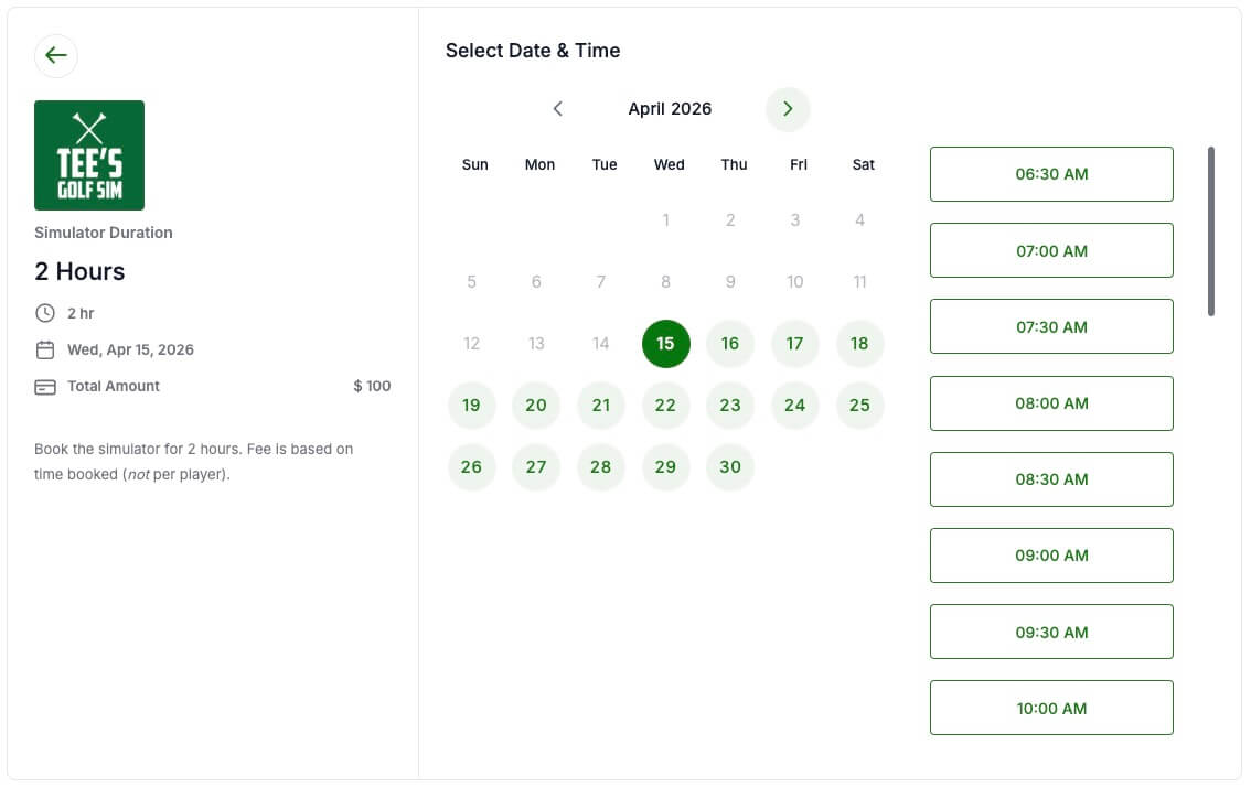 Tee's Golf Sim Booking System Interface
