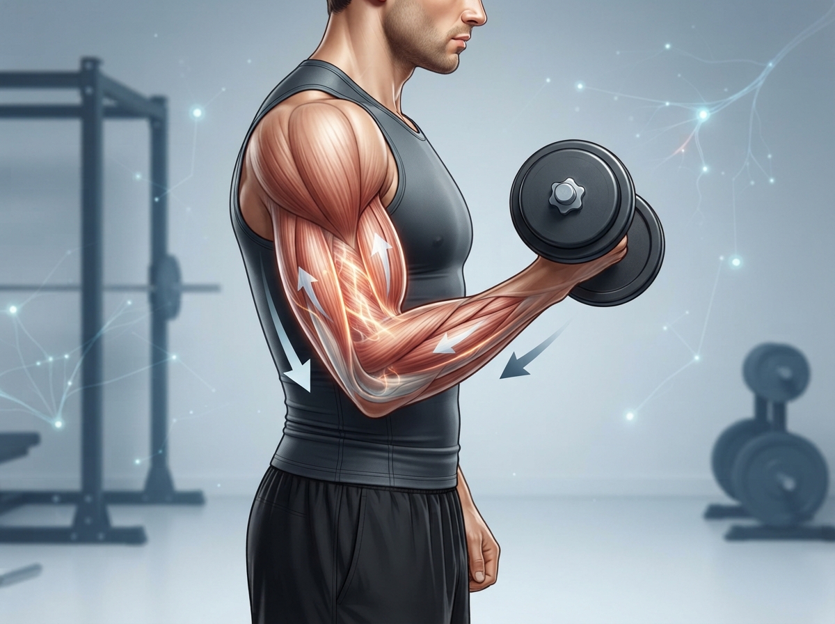 Athlete lowering a dumbbell during an eccentric biceps contraction