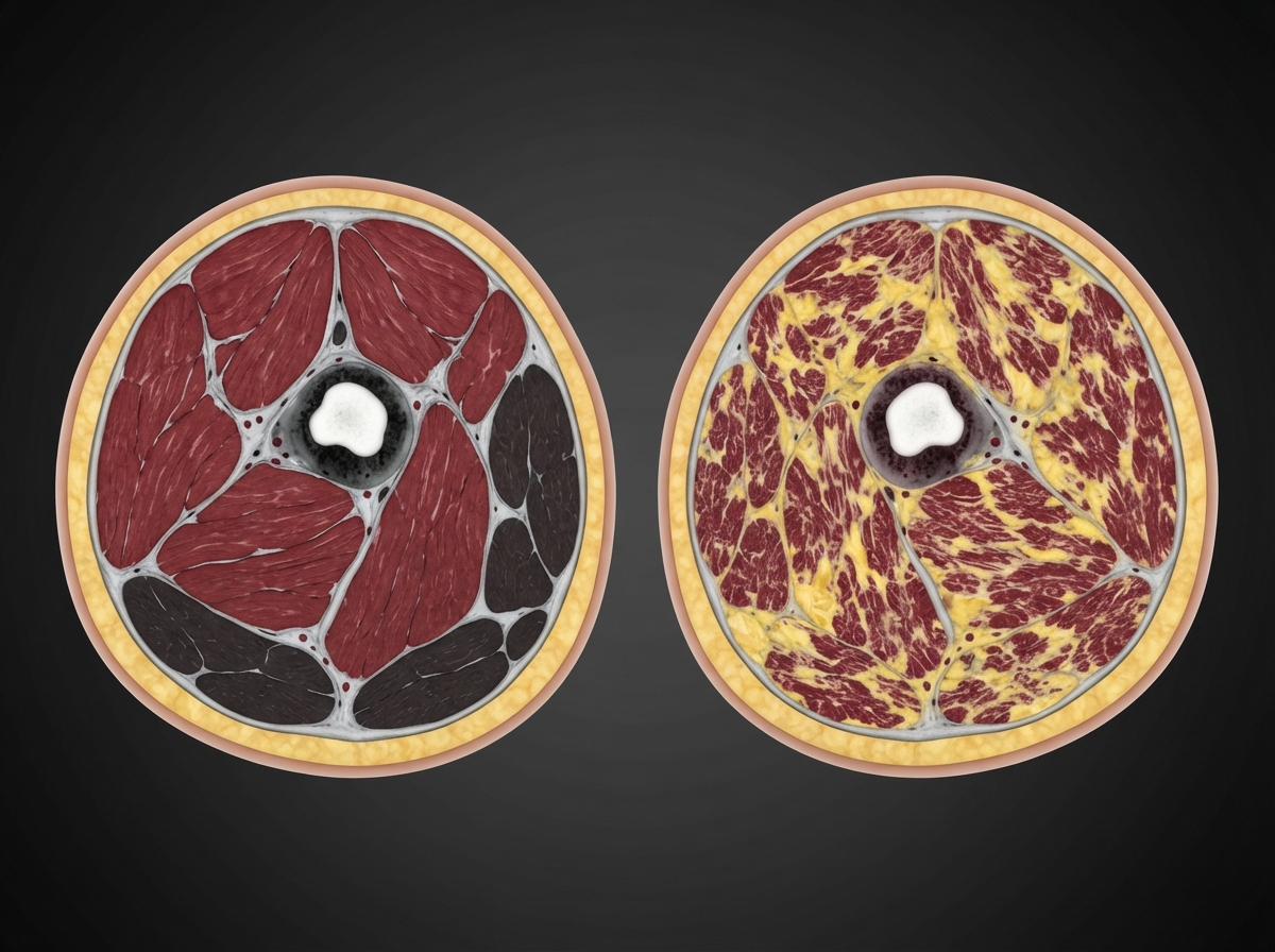 Illustration showing how muscles of similar size can differ in fat infiltration and tissue composition