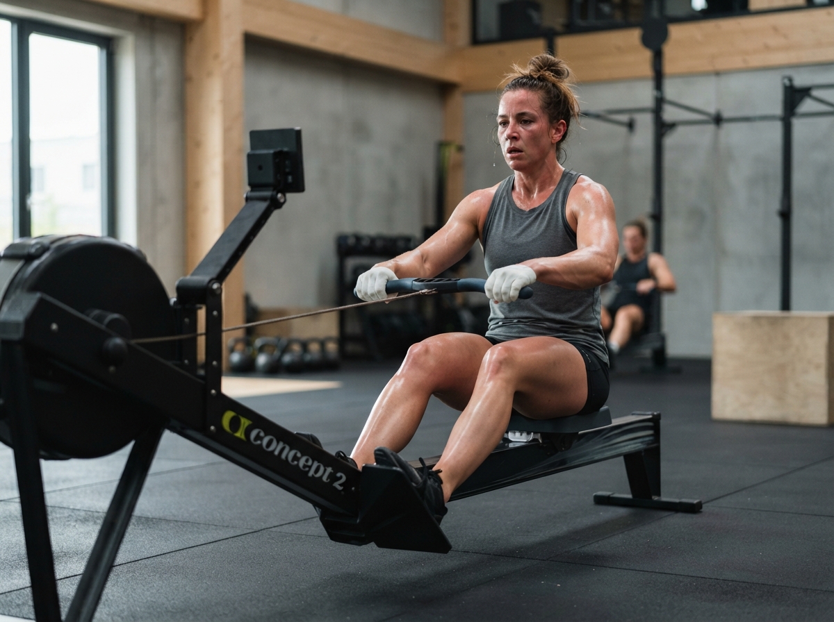 Athlete completing a sustained high-intensity interval on an indoor rowing machine