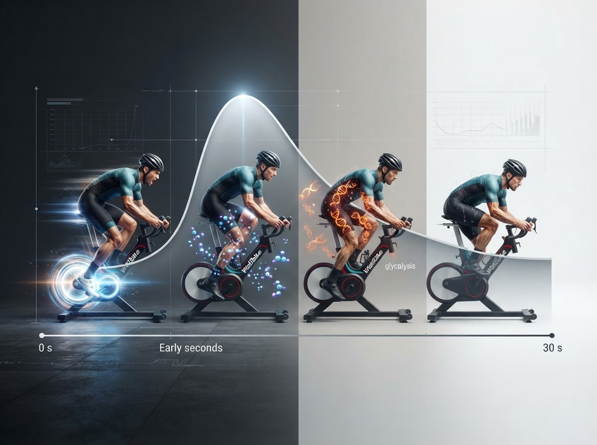 Timeline showing how power and energy demands change during a 30-second Wingate cycling test