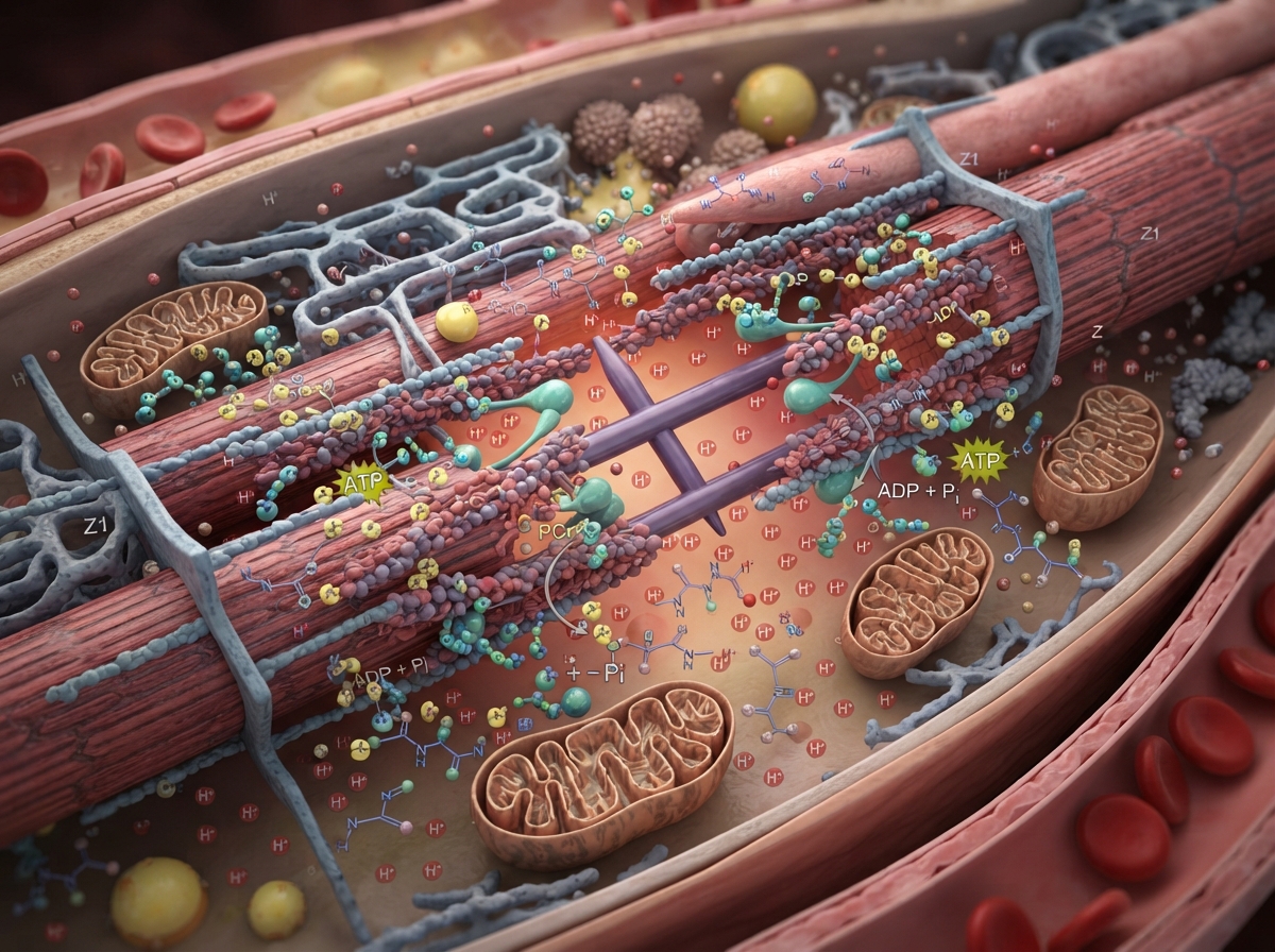 Scientific illustration of carnosine inside skeletal muscle during repeated high-intensity exercise