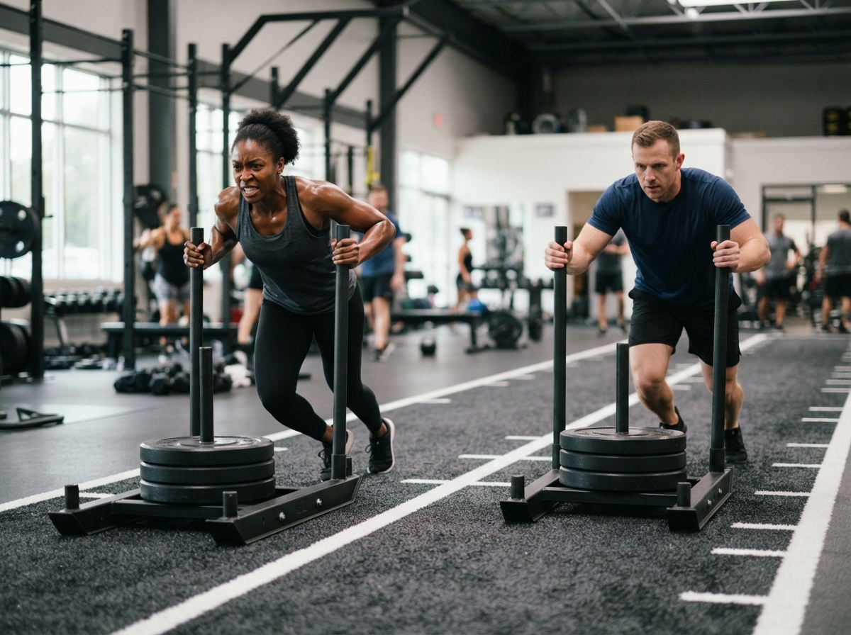 Two athletes showing different effort levels during parallel weighted-sled intervals