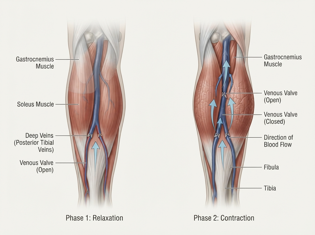 Anatomical illustration showing calf muscle contractions helping venous blood return from the lower leg