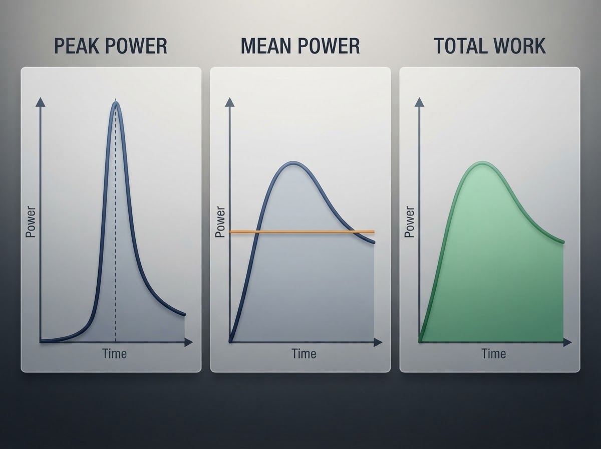 Diagram explaining peak power, mean power and total work during a Wingate cycling test