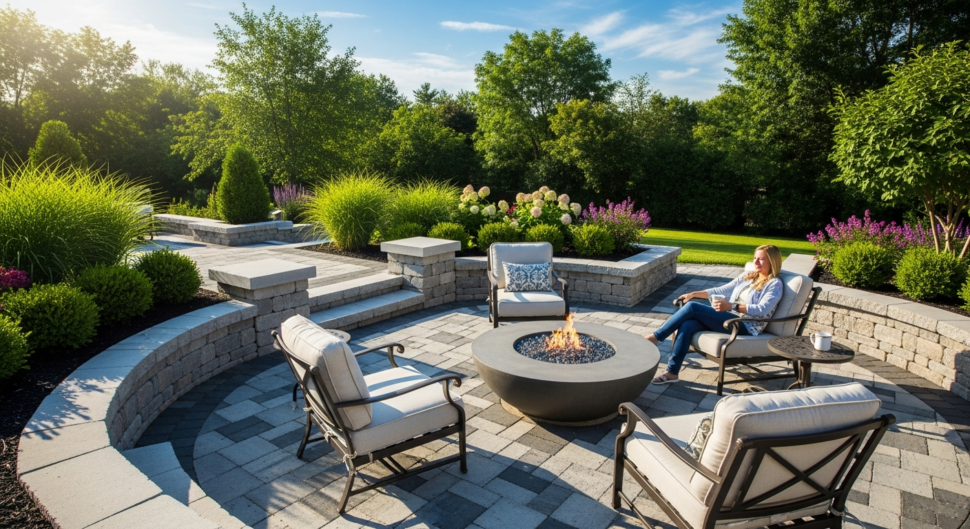 Luxury modern backyard patio with interlocking stone