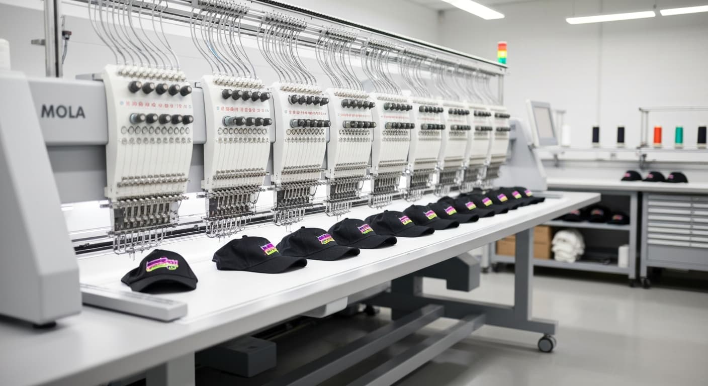 Detailed close-up of custom hat embroidery in progress