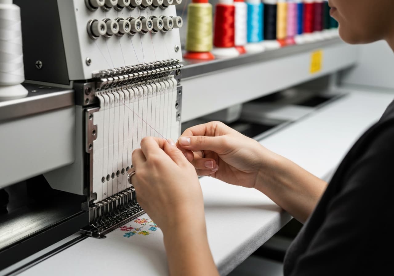 Multi-head commercial embroidery machine processing custom hats in Utah