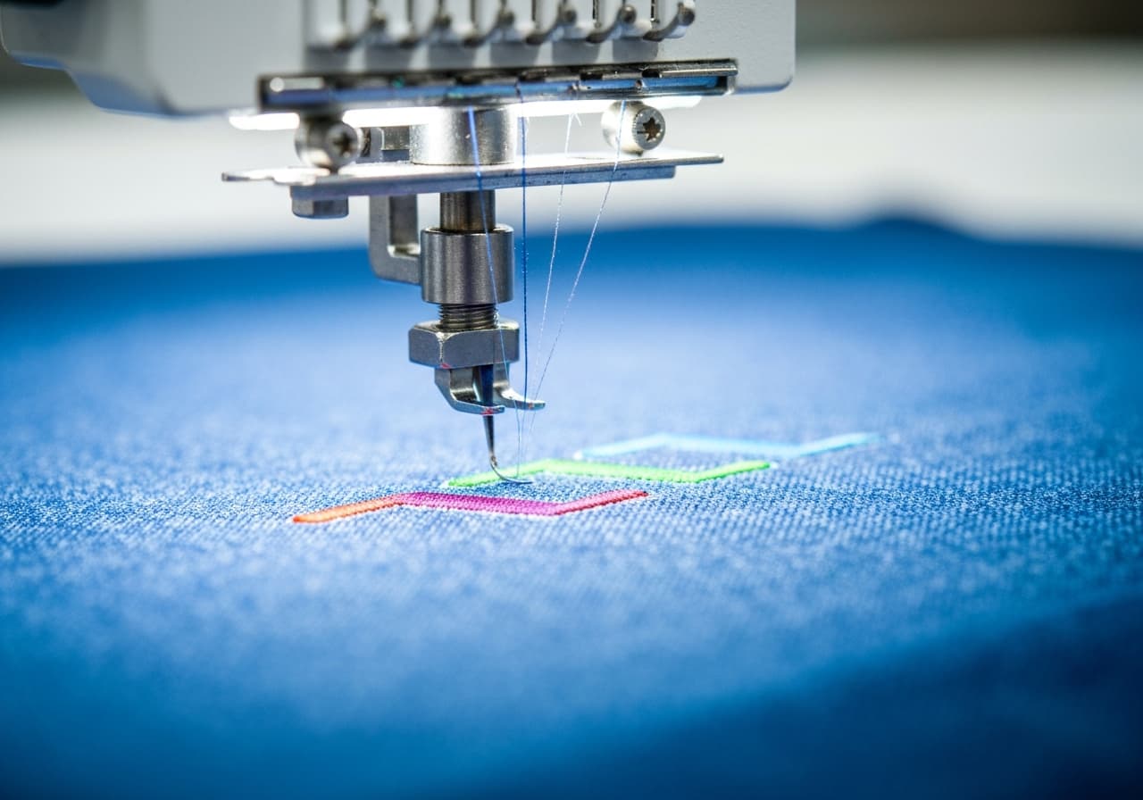 Professional threading a commercial embroidery machine for custom apparel
