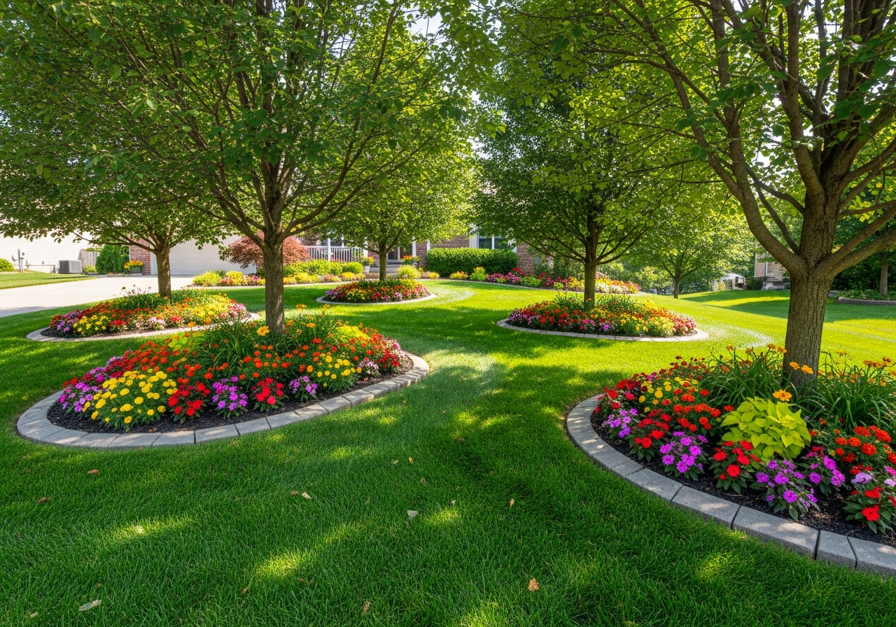 Manicured residential front yard with flower beds and shade trees