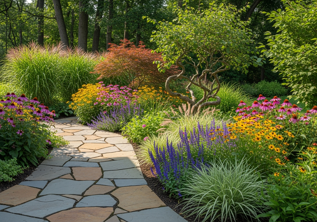 Natural stone walkway through landscaped garden