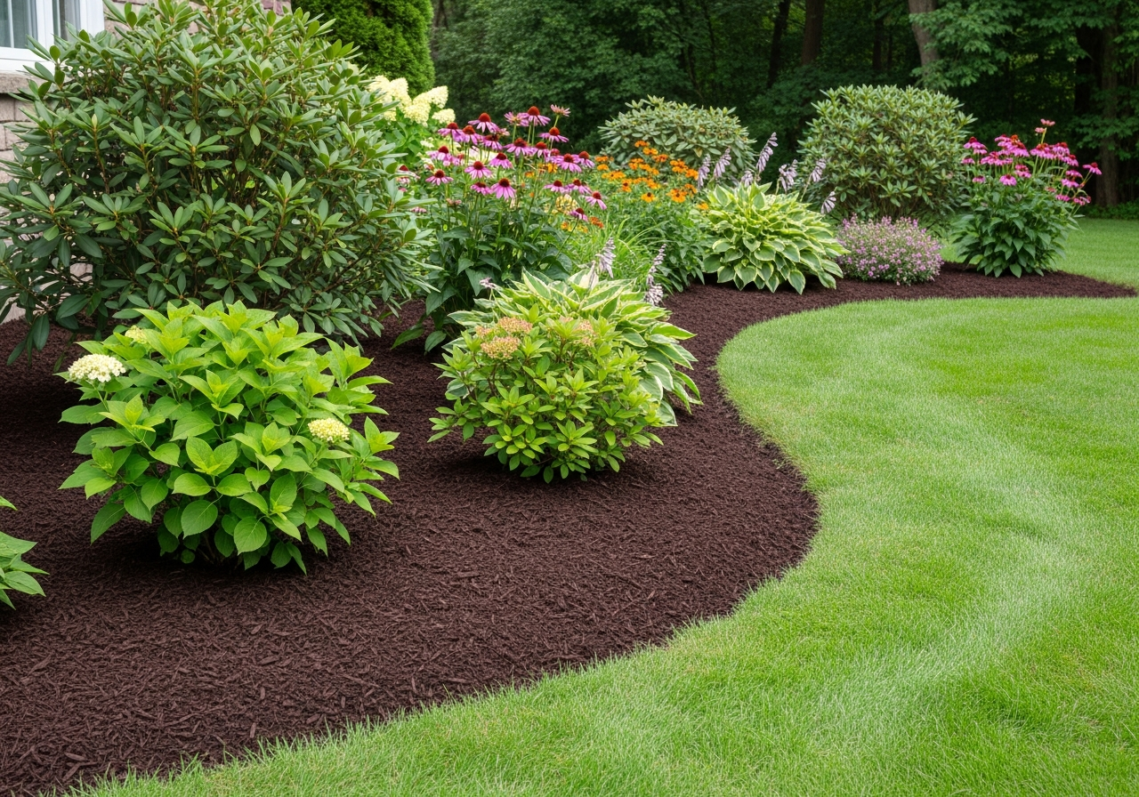 Freshly installed dark mulch beds with ornamental shrubs