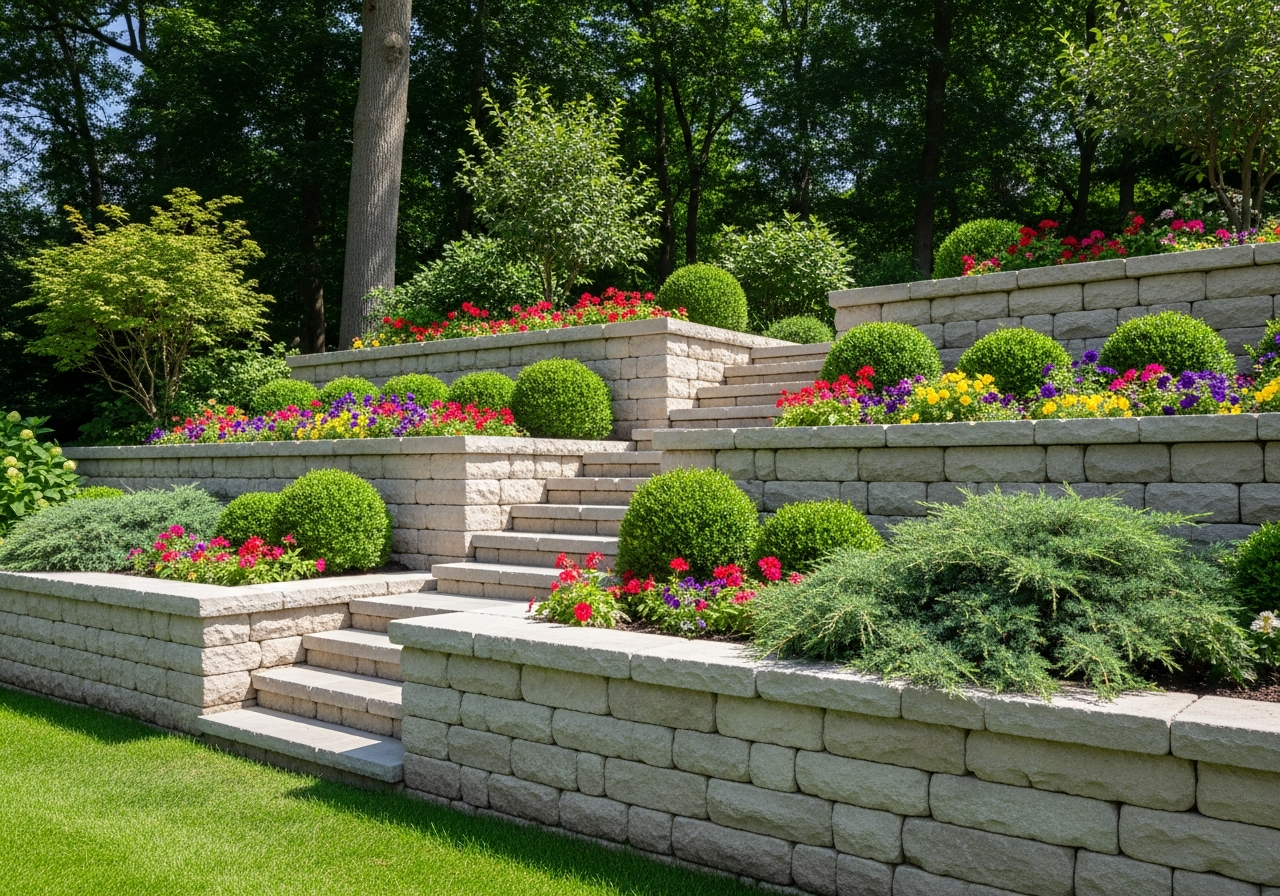 Engineered limestone retaining wall with tiered flower beds