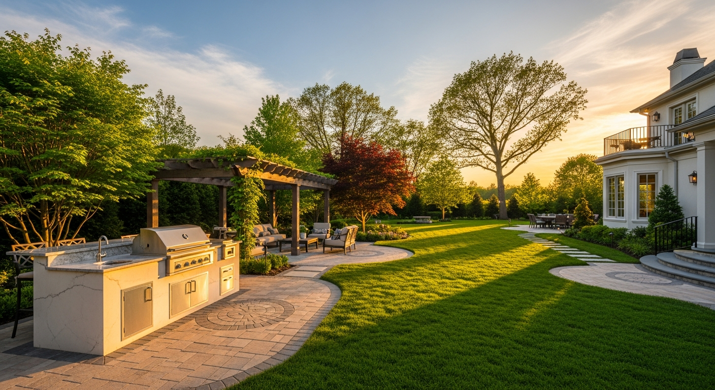 Luxury residential outdoor living suite with paver patio, pergola, and outdoor kitchen