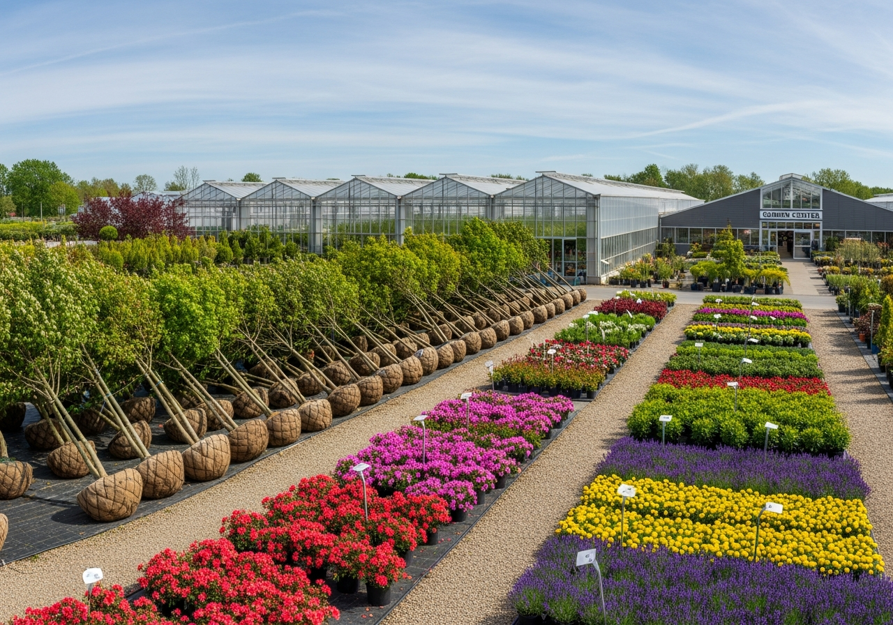 Nursery with rows of balled-and-burlapped trees and shrubs
