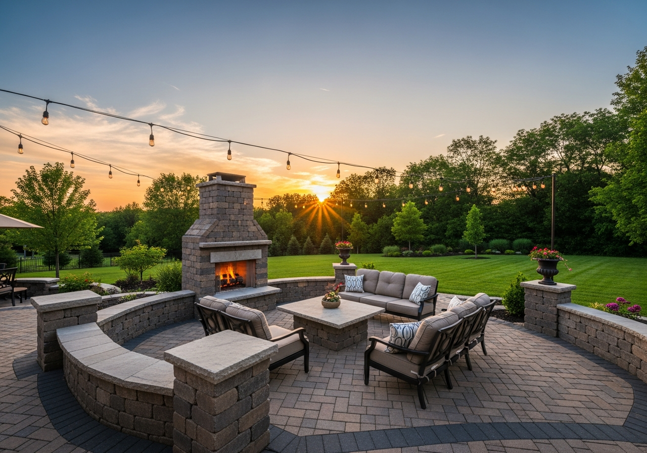Custom paver patio with outdoor fireplace and seat walls