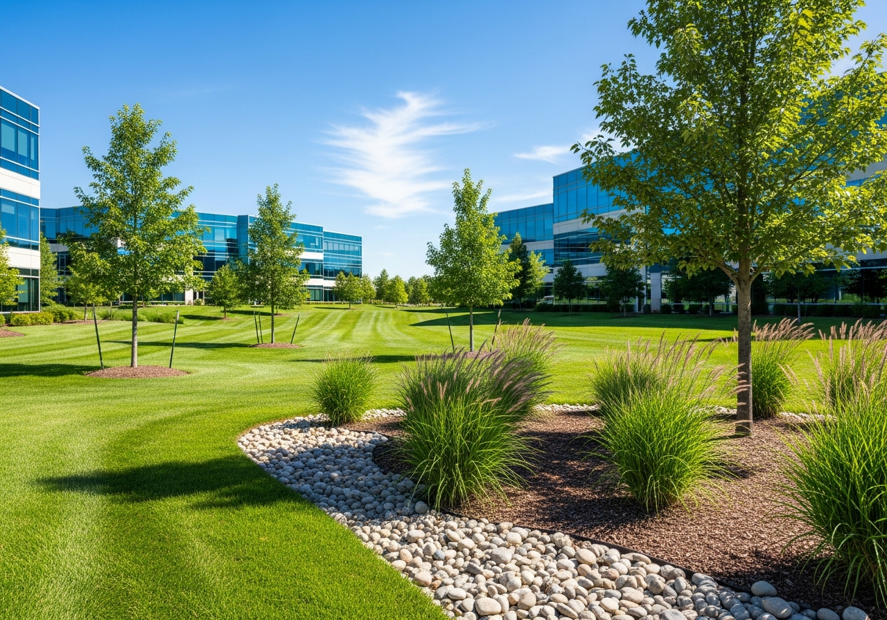 Commercial office park landscape with specimen trees and ornamental beds