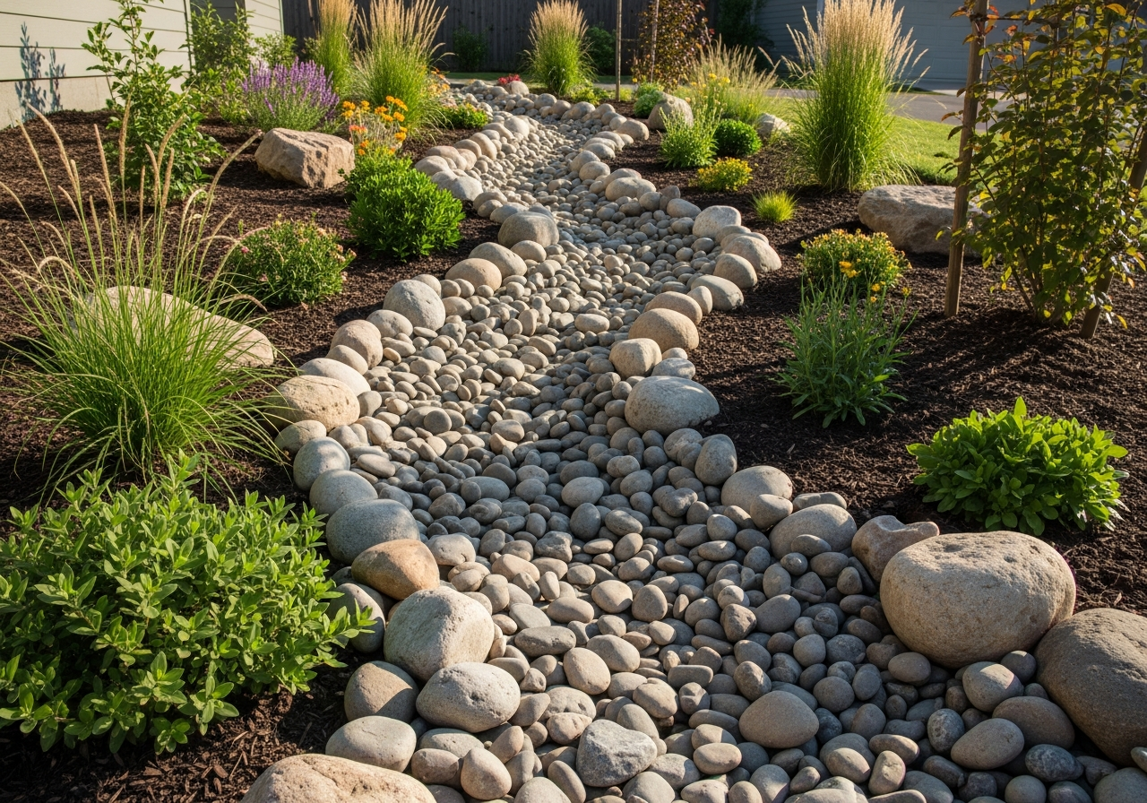 River rock dry creek bed drainage solution