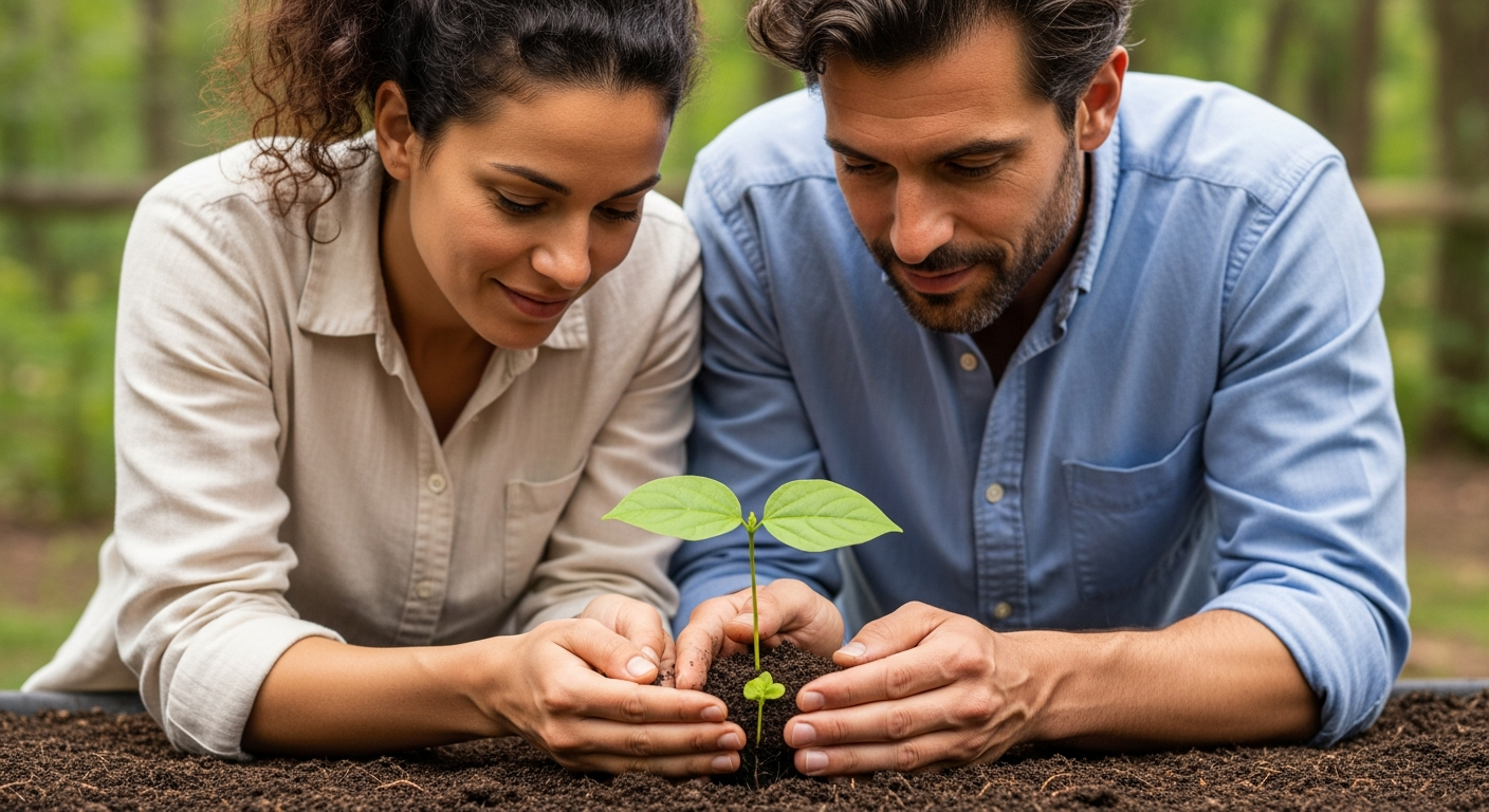 Diverse couple cultivating a seedling