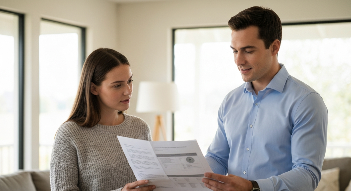 Real estate professional and home buyer reviewing environmental testing report during property due diligence