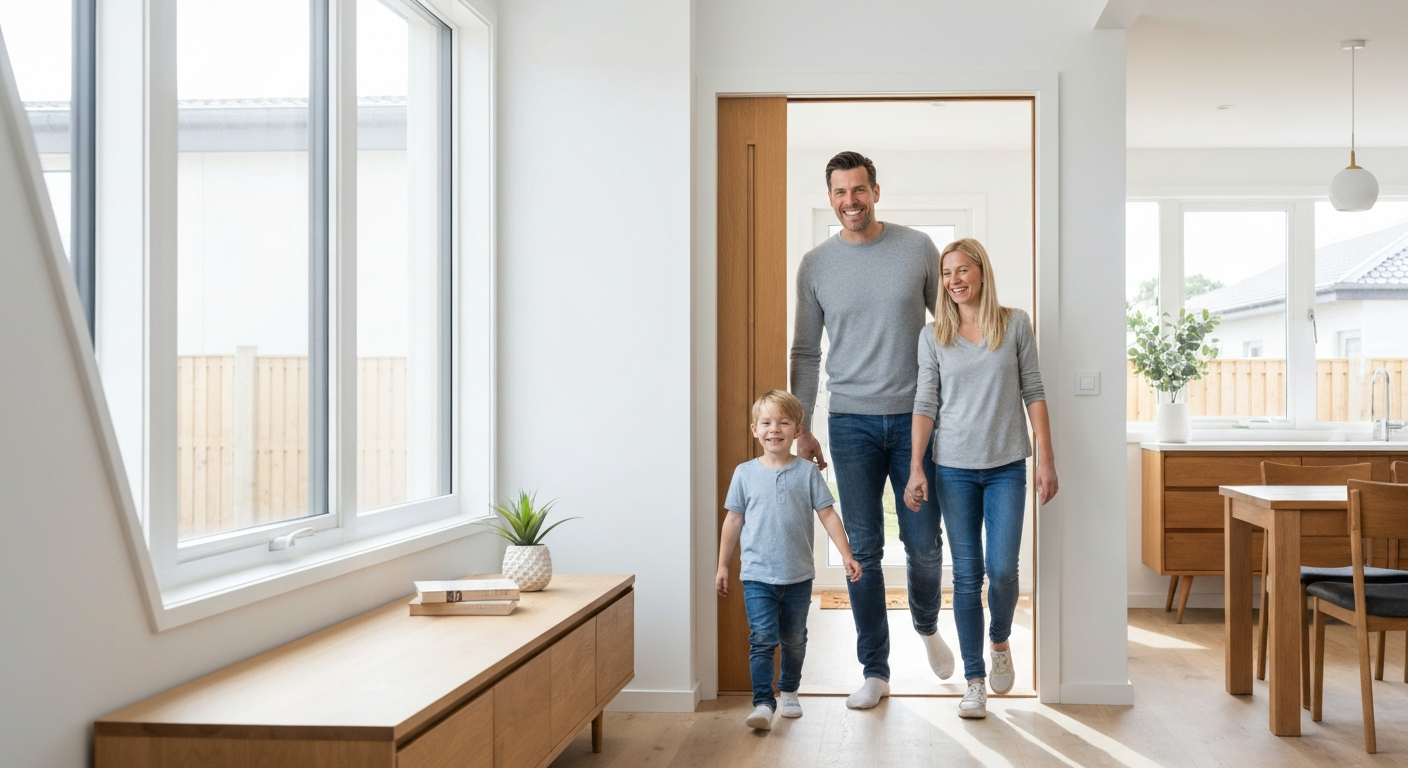 Famiglia felice nella loro nuova casa ristrutturata
