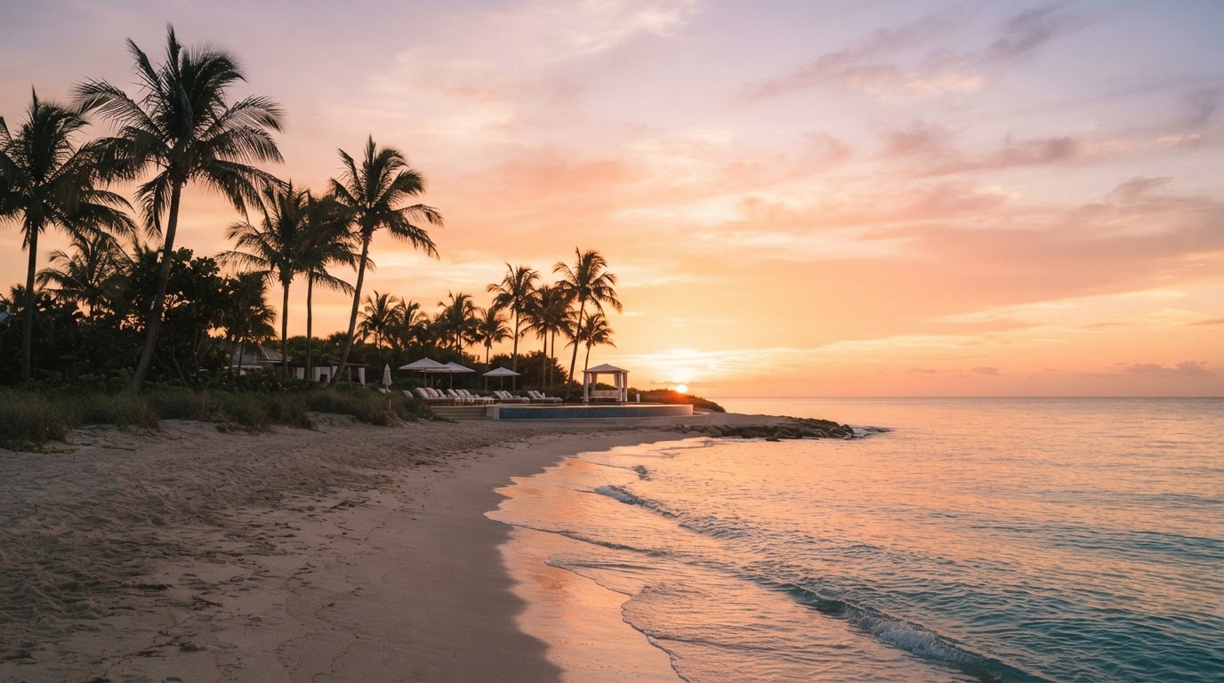 Florida beach at golden hour with palm trees and warm sunset glow