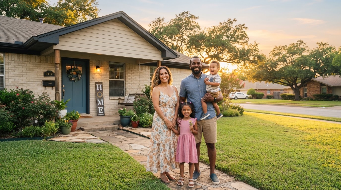 Happy family in front of their Texas home at golden hour