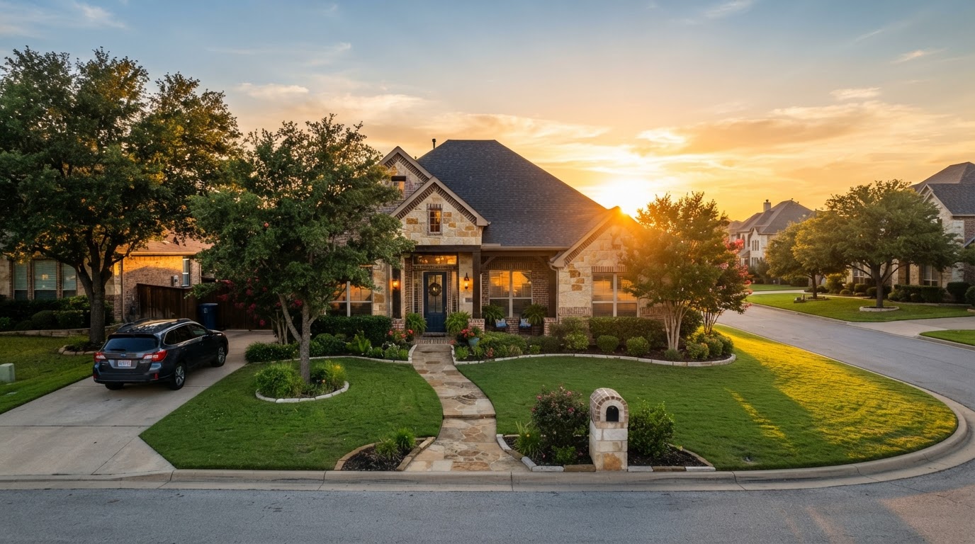 A medium-sized Texas home at golden hour