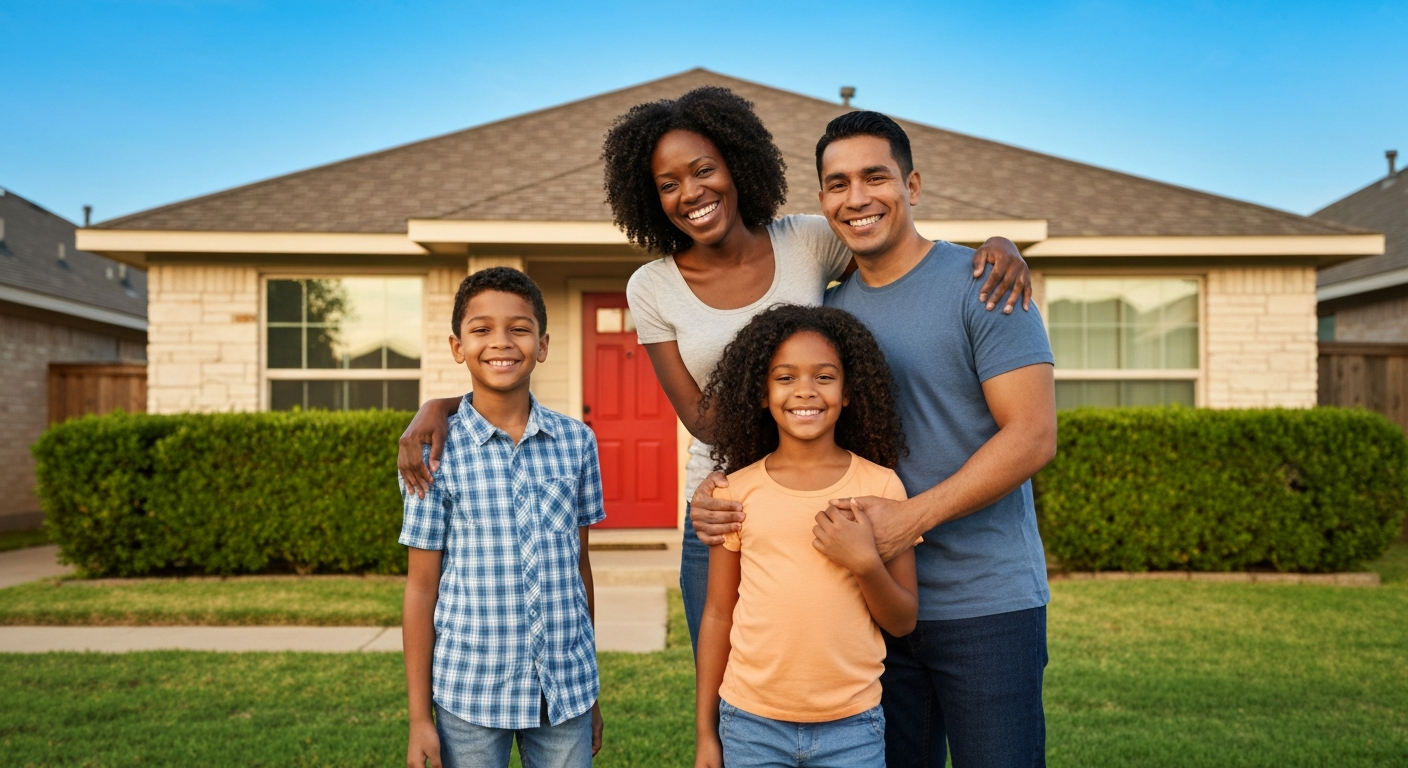 Happy family outside their new home purchased with an FHA loan
