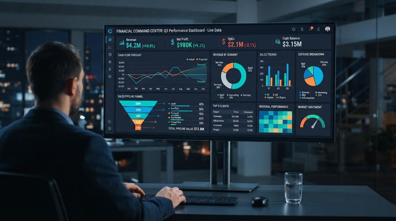 Live business intelligence dashboard showing cash flow forecasts and KPI metrics for a small business in Parrish Florida