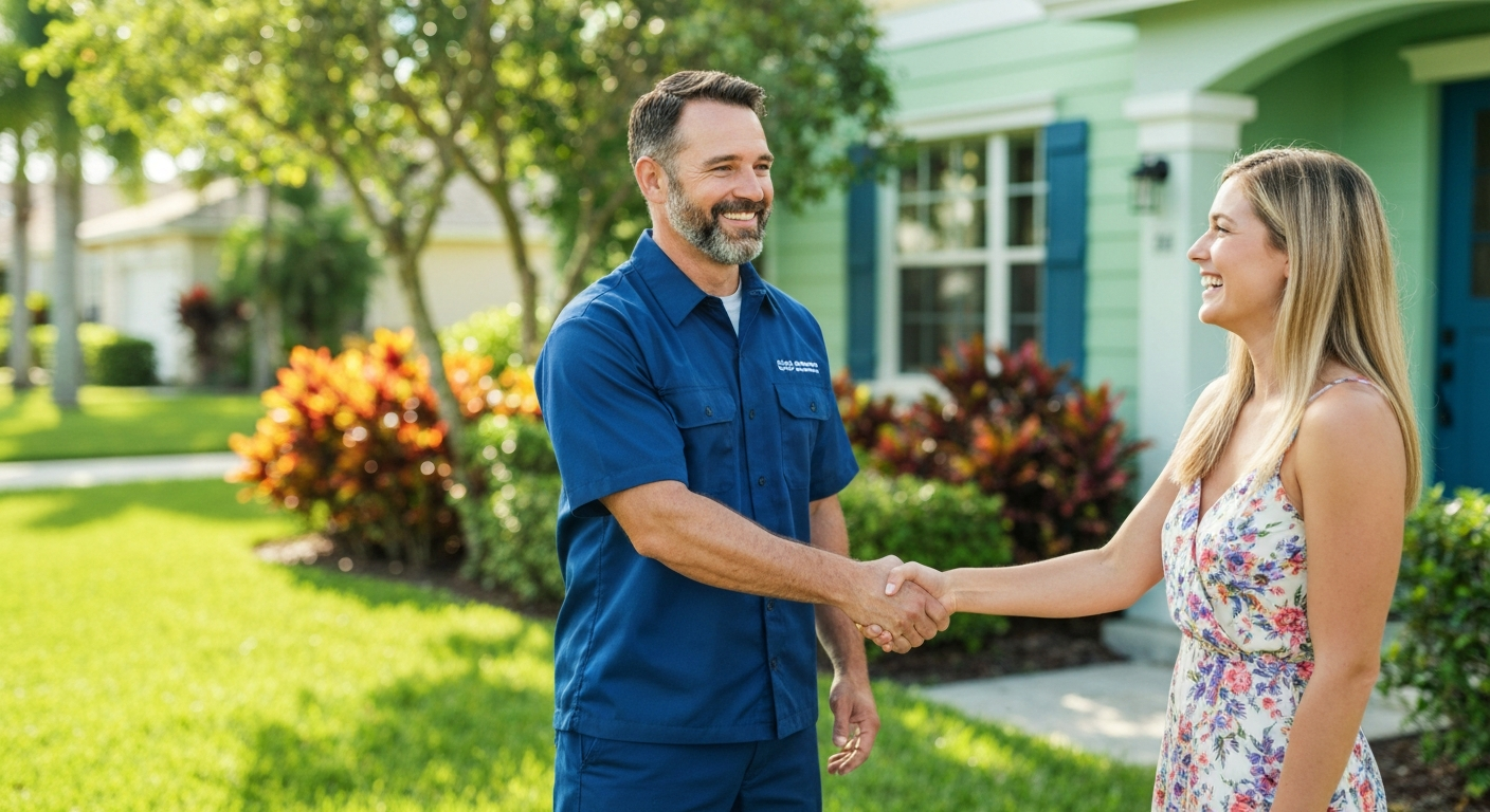 Home service contractor shaking hands with a happy homeowner