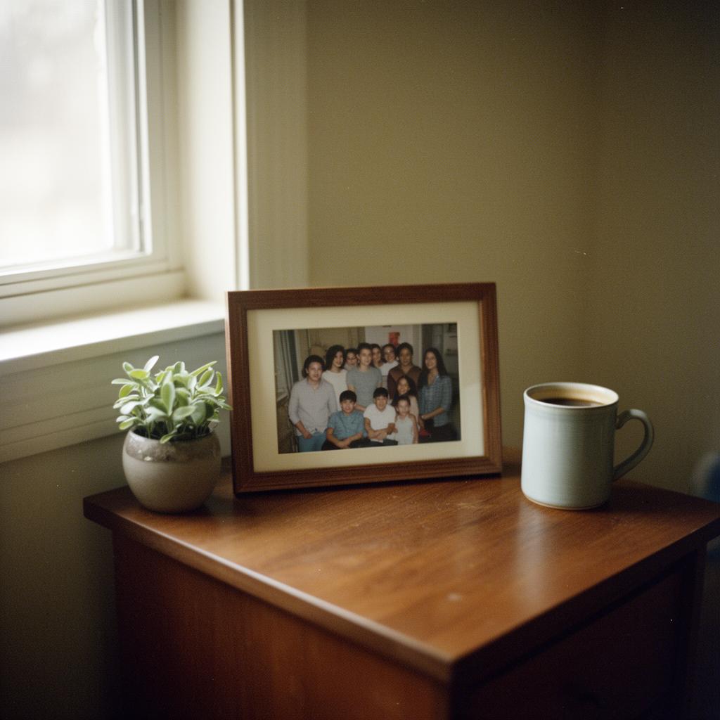A framed family photograph on a wooden table representing legacy