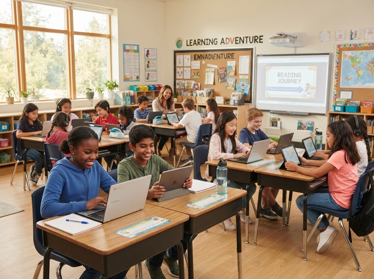 Students using Chromebooks and tablets in a classroom