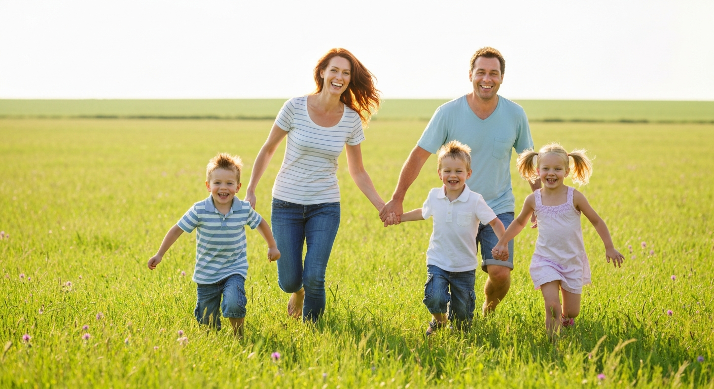 Happy family running outdoors
