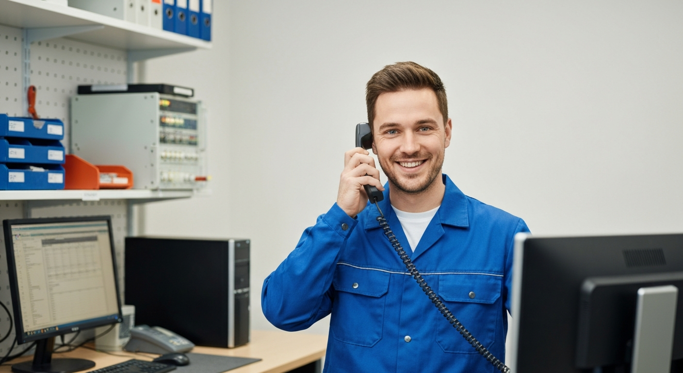 Telecommunications technician answering phone