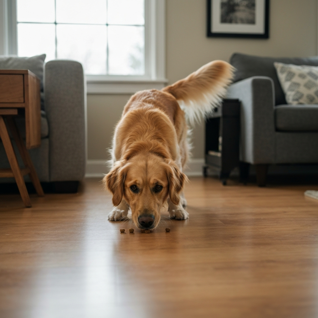 Hund sucht Leckerlis unter sich auf dem Boden