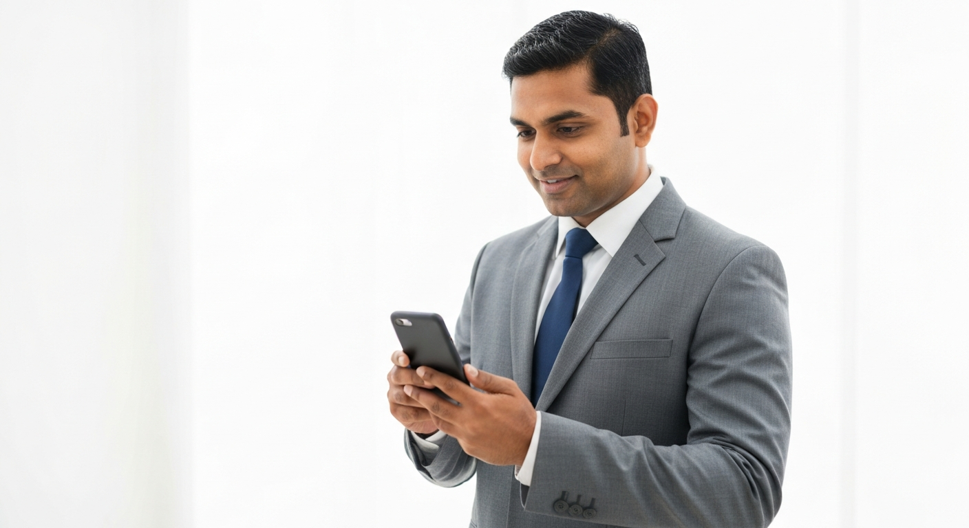 Business professional in a suit using smartphone, representing automated booking solutions for service businesses.
