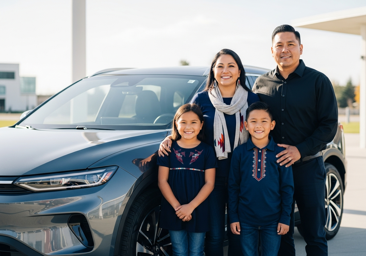 Happy Canadian First Nation family next to a modern SUV