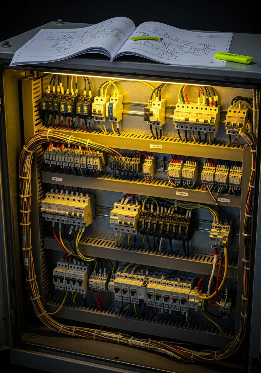 Planos eléctricos y cableado industrial en gabinete metálico
