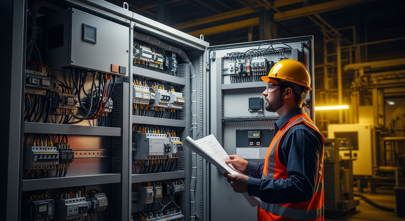 Técnico trabajando en tablero eléctrico industrial abierto con planos