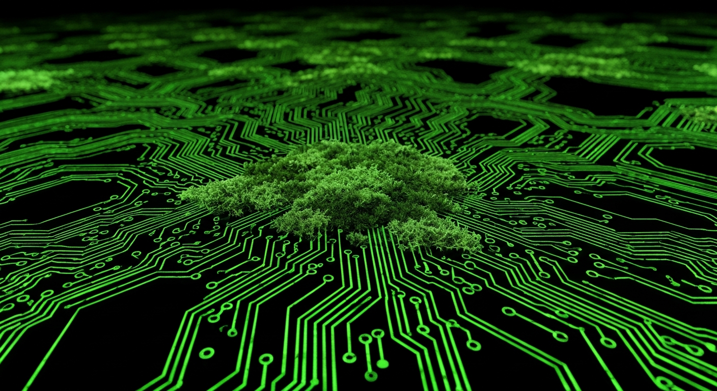 VineBranch Systems hero background combining organic vine and forestry imagery with green circuit board and digital automation node patterns
