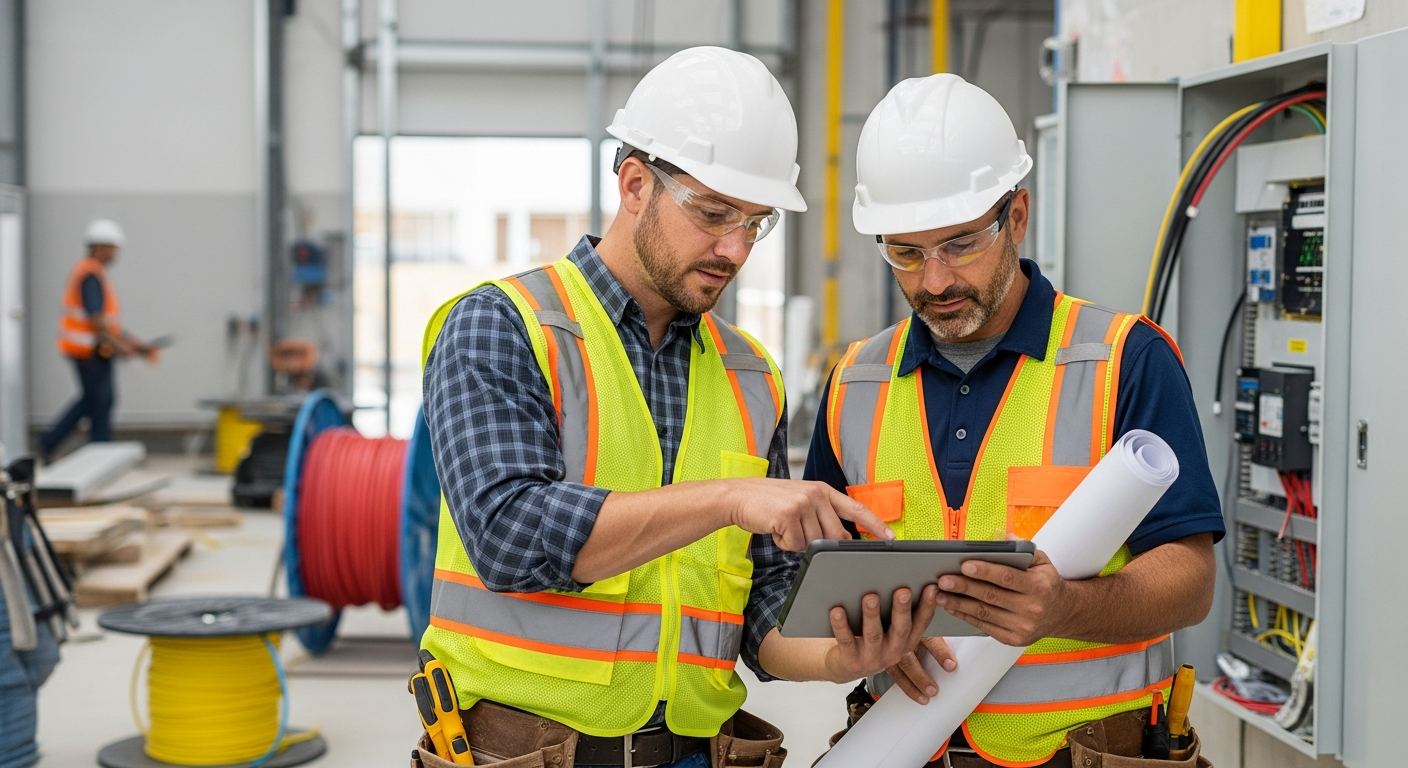 Electricians reviewing plans